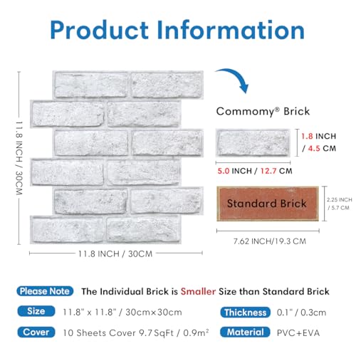 COMSTICKC 3D Adhesive Red Brick Wall Panels, 30 x 30 cm, PVC Self-Adhesive Wall Panels 3D Stone Decoration for Kitchen, Bathroom, Balcony