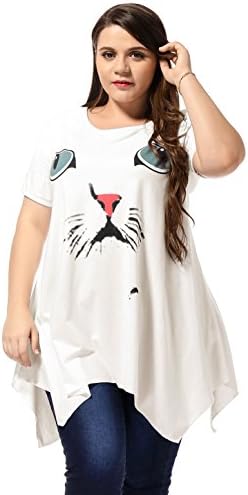 Kaia Allegra K Ladies Plus Size Short Sleeves Cat Head Prints Tunic Top 2X White