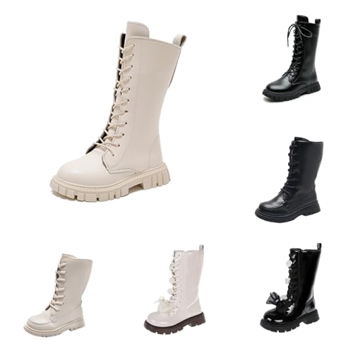 white boots for girls Girls Boots Spring Autumn Winter Single Mid Calf Booties British Single Boot Side Zipper Leather Waterproof Boot Little Girl Shoe Cute Anti-Slip School Shoes A White 9