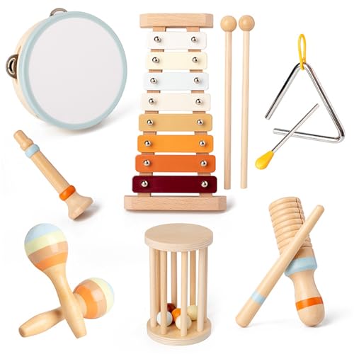 AM ANNA Toddler Musical Instruments, Montessori Toys for 1 year old, Musical toys for Toddlers 1-3 with Modern Boho Xylophone for Kids ,Natural Wooden Percussion Instruments Toy for Boys and Girls