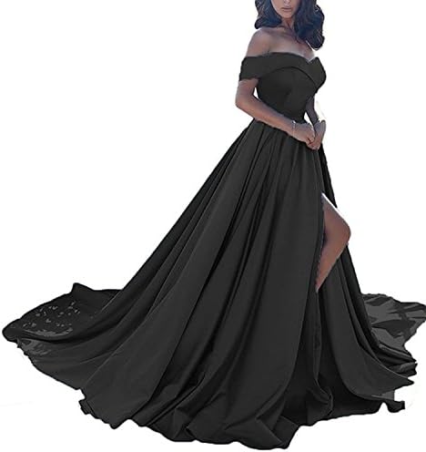 Long Evening Dresses With Pocket,Sexy Off Shoulder A Line Front Slit Ruched Train Prom Dress Evening Gowns (Black 8)