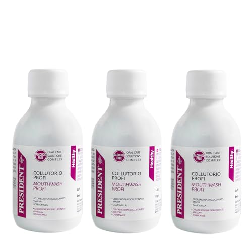 President KIT 3 COLLUTORIO PROFI con Clorexidina 0.20%. Contrasta la formazione di Placca, Carie e Gengiviti. Ideale dopo interventi chirurgici. Azione antibatterica. Senza Alcool. 3X200ml