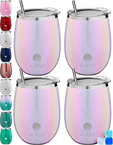 Albor Triple Insulated Wine Tumblers with Lids and Straws Glitter Blush Wine Tumbler Set (12 Oz, 4 Pack)