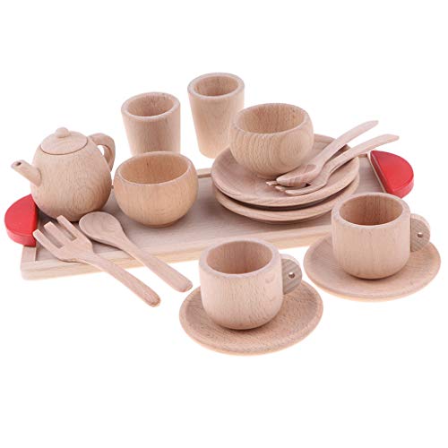 B Blesiya 16-Piece Wooden Tea Set Pretend Play Toy Educational Game for Kids Children - Soild Beech Saucer Cup Salver Teapot Coffee Set