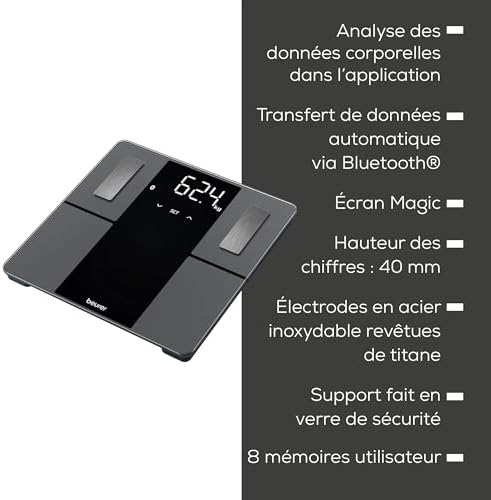 BF 500 pèse-personne numérique avec Bluetooth & application, mesure de la graisse corporelle, pourcentage de muscle, besoin en calories, etc. transfert de données vers Apple Health & co.
