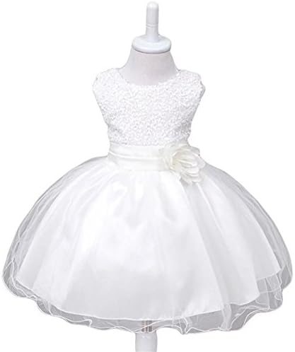 ZAHB Sequin Mesh Flower Party Wedding Gown Bridesmaid Tulle Dress Little Baby Girl(B/White,S/0-6M)
