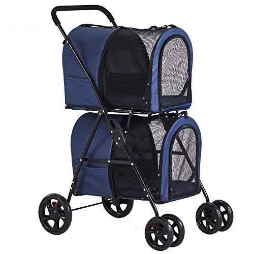 VIAGDO Double Pet Stroller for Small Medium Dogs & Cats, Detachable 4 Wheels Cats Stroller Double Dog Stroller with 2 Portable Travel Carrier/One-Hand Folding/Suspension System