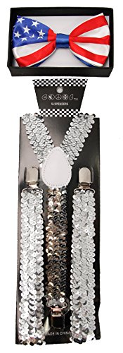 USA Patriotic Pride Unisex Adult Suspenders Bow Tie Set (Flag + Silver Sequn)