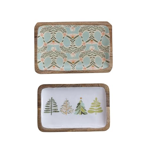 Creative Co-Op Enameled Mango Wood Trays with Dove and Trees Patterns, Multicol…
