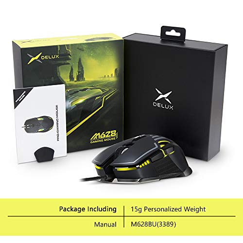 DELUX Wired Gaming Mouse with Pixart PMW3389 16000DPI Optical High Precision Sensor, Chroma RGB Lighting, Ambidextrous 9 Programmable Buttons Design and 15g Personalized Weight (M628BU(3389)-Black)