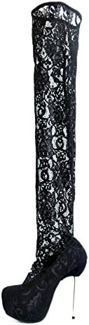 Juoar Women's Platform High Heels Thigh High Lace Decoration Boots Fashion Catwalk Dress Stilettos Shoes Lace Black US15
