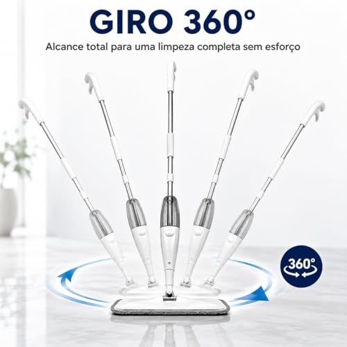 Rodo Spray com Reservatório de Água e Refil Microfibra Ultra Absorvente; Mop de Limpeza para Piso, Porcelanato e Laminado; Limpeza Prática Sem Balde