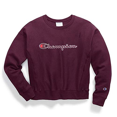 Champion LIFE Women's Reverse Weave Crew, Dark Berry Purple/CHAINSTITCH Script, Medium
