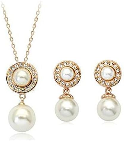 2018 VALENTINES DAY ROMANTIC LOVE GIFT 18K Gold Plated Crystal Two White Pearls Bridal Drop Dangle Earring Necklace set (Gold)