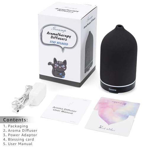 Gooamp Ceramic Aromatherapy Diffuser, Essential Oil Diffuser with 7 Color Lights Auto Shut Off for Home Office Room, Black (1/3/6/ON hrs Working time), TC-202-200ML