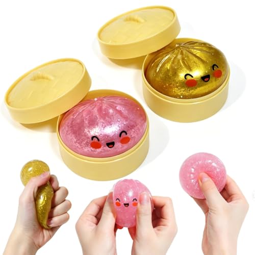 ORCHID M® 2 Pcs 3.1" Big Glitter Dumpling Squishy, Dumpling Box, Colorful Dumplings Stress Balls Fidget Sensory Toys, Stress Relief Squeeze Fidget Toy for Kids Adults (Pink, Gold)