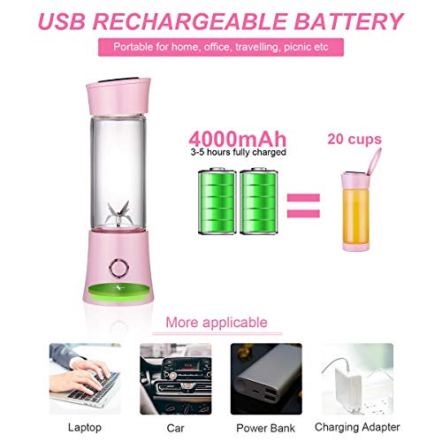 Portable Blender with 16 oz Travel Cup and Lid, USB Rechargeable Personal Smoothie Blender, Cordless Handheld Small Mini Single Serve Juicer Blender