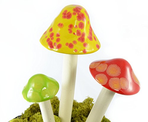 Mushroom Ceramic Garden Stakes - 3 Handmade Outdoor Ornament Decor - Made In USA - Toadstools for Lawns, Planters, Gardens, & Yards. Colors: Yellow, Red, Light Green