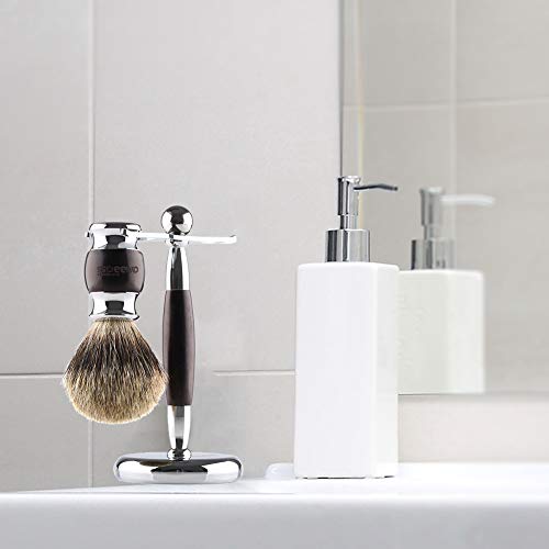 Shaving Brush Set, Best Badger Hair Shaving Brush and Stand Kit, Wood Alloy Long Handle and Chrome Holder for Double Edge Safety Razor Shaving Razor Men Gift Idea by Anbbas