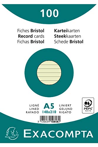 Exacompta - Ref 10848SE - Bristol Lined Record Cards (Pack of 100) - A5 in Size, 205gsm Card, Compatible with Printers - Suitable for Exam Revision & Notes - Green