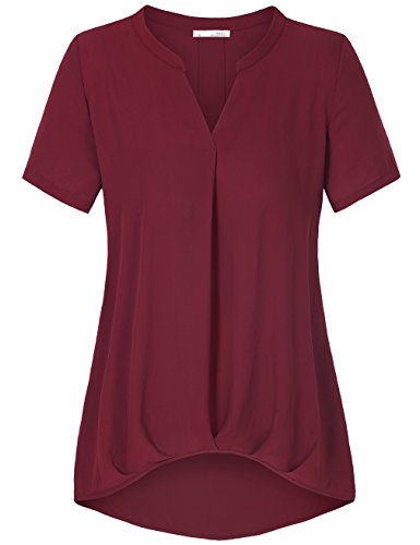 Ladies Tops and Blouses on Sale,Messic Women's Short Sleeve V Neck Relaxed Fit Chiffon Flowy Blouse(XL,Wine)