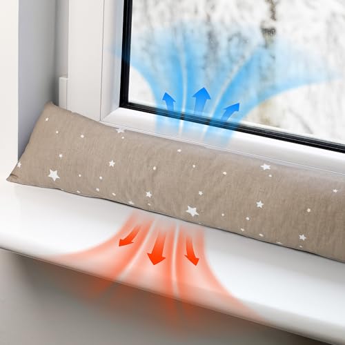Boudin de Porte Isolant Froid 90 cm – Bas de Porte et fenêtre Coupe-Vent décoratif Idéal pour entrée Maison fenêtres et Coussin pour Chambre Enfant Coton Oeko-tex Beige avec étoiles Blanches