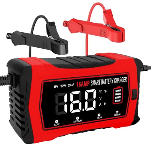 HTRC Car Battery Charger 16A 6V/12V/24V, Car Battery Charger with LCD Display Compatible with Boats, SUVs, Motorcycles and Lithium, LiFePO4, Lead-Acid Batteries (AGM, Gel, MF, EFB, SLA, Wet)