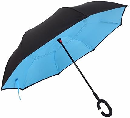 Elelink Windproof Uv Protection Reverse Folding Double Layer Inverted Umbrella and Self Standing Inside Out Rain Protection Travel Umbrella with Comfort C-shaped Hands Free Handle (Black-Blue)