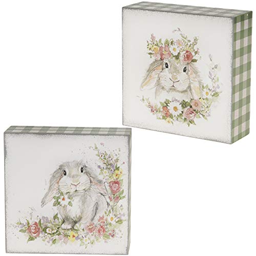 Raz Bunny Block Green Plaid 6 x 6 MDF Wood Easter Decorative Plaques Set of 2