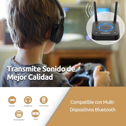 1Mii Transmisor Bluetooth 5.3 para TV a 2 Auriculares Bluetooth, Adaptador Audio Bluetooth TV con Control de Volumen, Entrada Óptica, Coaxial, Aux, RCA, aptx Baja Latencia, Largo Alcance
