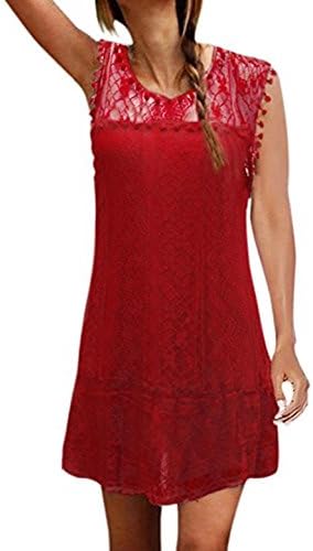 CXINS Sexy Women Casual Sexy Sleeveless Hollow Lace Short T-Shirt Dress Tassel Solid Lace Ball Loose Beach Dress Size 4XL Red