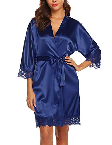 URRU Silk Stain Pure Kimono Wedding Dressing Gown Kimono Robes Bridal Lingerie Sleepwear Navy Blue S - Thumbnail 2