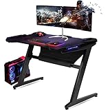 GTRACING Gaming Desk Racing Computer Table with LED Light PC Stand Ergonomic Durable Z-Shaped E-Sports Desk Home Office Workstation GTZ01 Black