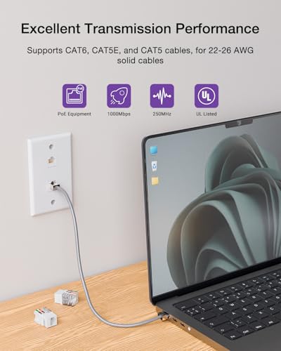 VCE UL Listed 10Gbps Cat6 Keystone Jack Insert 25-Pack, 90 Degree Punch Down RJ45 Keystone Jack Adapter Slim Profile for Patch Panel and Wall Plate, White