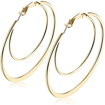 Roliza 18k Gold Plated Flat Double Circles Polished Hoop Earrings For Women Girls Fashion Jewelry (4 Sizes)