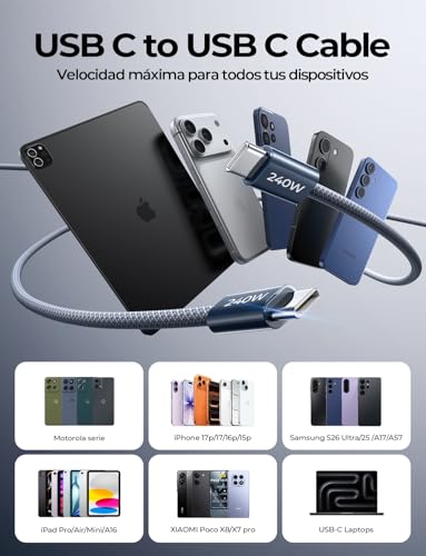 LISEN 240W Cable USB C 2 Unidades 2M Cable Carga Rápida Type C, | Compatible con Xiaomi 17 Pro Max, iPhone Air 17/16 Pro Max,Galaxy S26/S25/S24,MacBook Pro Air, iPad 2024