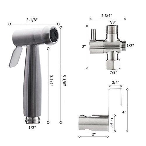 Vataler Adjustable Trigger Handheld Bidet Toilet Sprayer Kit, Brushed Finished Baby Cloth Diaper Water Shattaf Kit & No Leakage 304 Stainless Steel Hose & Solid Brass T-Valve