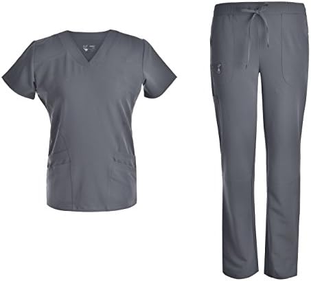 Women V Neck Stretch Scrubs Set - Pandamed Women Medical Uniforms Scrubs 2017 New TRS3104 (Pewter, L)