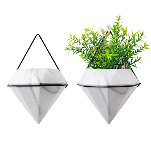 T4U Diamond Wall Planter Geometric Wall Vases Marble White, Set of 2 Trigg Ceramic Mounted Succulent Air Plant Flower Pots Cactus Faux Plants Containers White Modern Indoor Decor for Home and Office