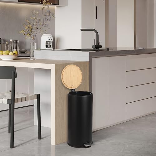 30L Stainless Steel Trash Can with Bamboo Lid, Pedal - Operated Garbage Bin with Removable Inner Bucket for Kitchen, Bathroom, Small Spaces