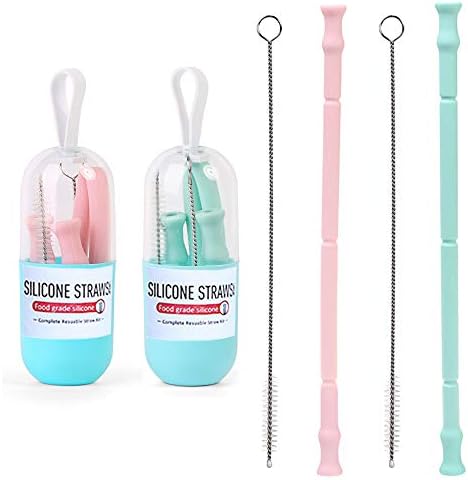 MISDECOR Collapsible Reusable Silicone Straw Portable Folding Drinking Straws With Key chain Case Holder and Cleaning Brush,BPA Free (Pink,Green)