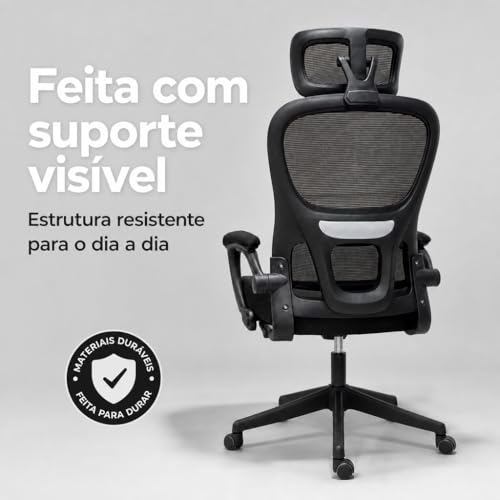 ITS Imports Cadeira de Escritório Presidente Ergonômica Preta Encosto Mesh Reclinável 135 Graus Cadeira Giratória com Apoio de Cabeça Braços Ajustáveis Suporte Lombar Alta Densidade Confortável