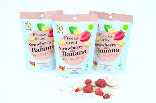 Wel-B Freeze-dried Strawberry and Banana, Freeze-dried Fruit Snack Unsweetened and 0% Fat, Real Healthy Snack 15g.(Pack3)