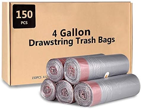 Small Drawstring Trash Bags 4 Gallon, Dekun Garbage Bags for Office, Home Bathroom Wastebaskets/Trash Cans, 15 Liter, 150 Counts, Silver