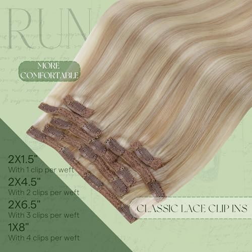 RUNATURE Natural Hair Clip in Extensions 55 cm 7 Pieces 120 g Ash Blonde with Platinum Blonde Natural Hair Clip Extensions #18P60