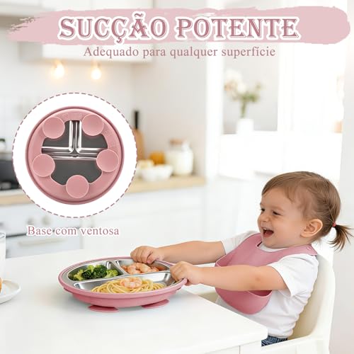 Kit Introdução Alimentar Bebe, Kit de 9 Alimentação Bebe Inox e Silicone, com Pratinho e Bowl de Alimentação com Ventosa, Babador, Copo, Tampa com Canudo, 2 Talheres Silicone e 2 Talheres Inox (Rosa)