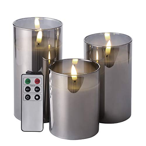 Eywamage Smoke Grey Glass Flameless Candles with Remote, Flickering Battery Operated LED Pillar Candles Set of 3