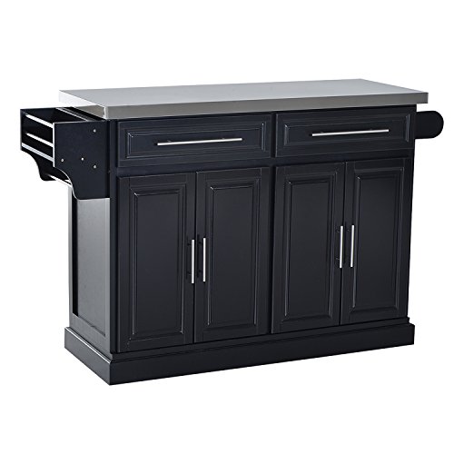 HomCom Modern Rolling Kitchen Island Storage Cart w/ Stainless Steel Top - Black