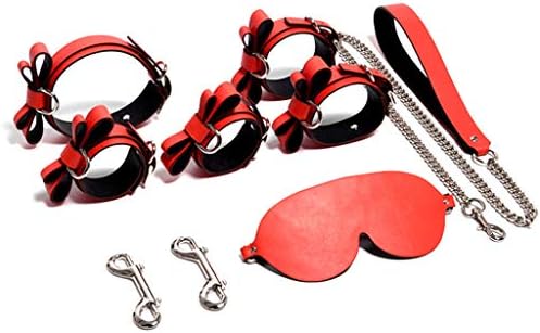 TINGSHOP 7-Piece Training On The Bed Butterfly Knot Red Bundle Binding Leather Suit Restraint Training Handkerchief Eye Mask Collar Adult Equipment