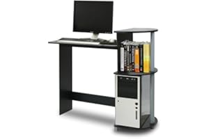 Furinno Compact Computer Desk with Shelves, Round Side, Black/Grey